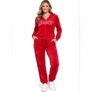 Juicy Couture Tracksuit - Red Velour Rhinestone Logo Loungewear Set (L)